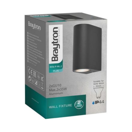 BRAYTRON oldalfali lámpatest 2XGU10 fekete IP44