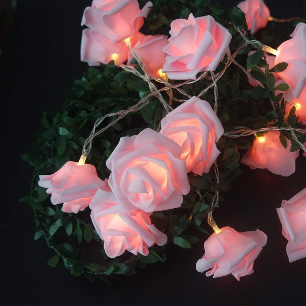 Elemes rózsa fényfüzér, meleg fehér fénnyel, pink/fehér színben